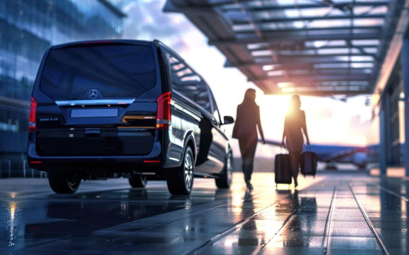 A professional corporate group boards a modern minibus for airport transfer.