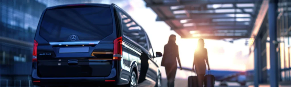 A professional corporate group boards a modern minibus for airport transfer. bus and mini bus rentals