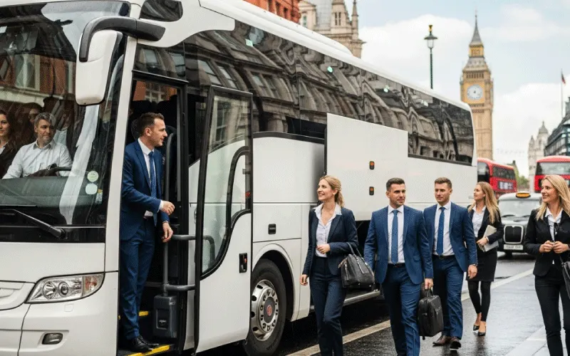 Corporate team boarding a modern coach for a business event in London