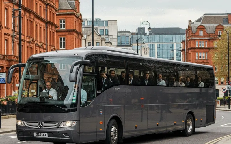 Corporate team travelling together on a City Minibus & Coach Hire vehicle
