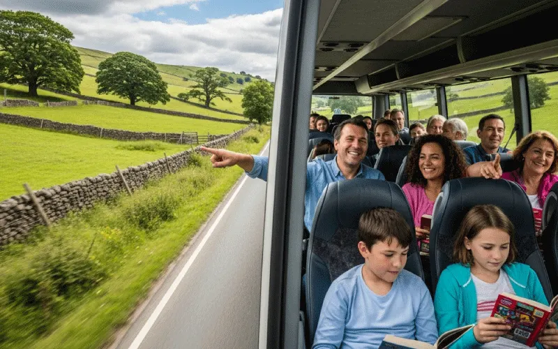 Family holiday group enjoying comfortable coach travel in the UK