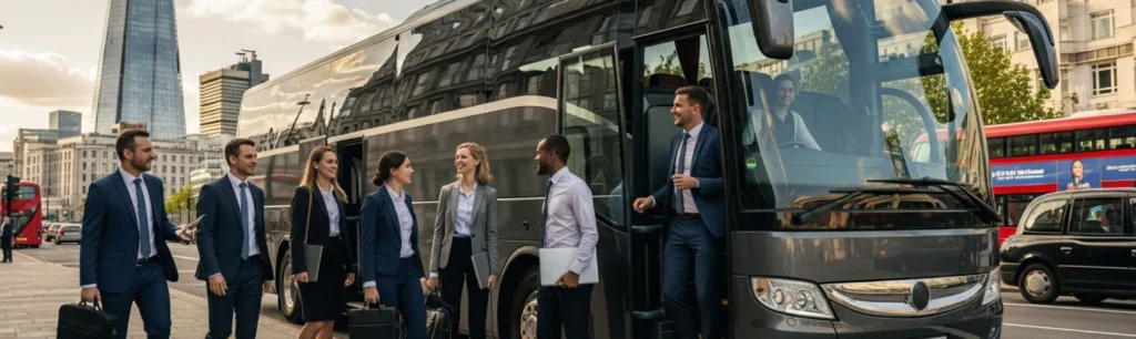 Corporate team boarding a modern coach for a business event in London