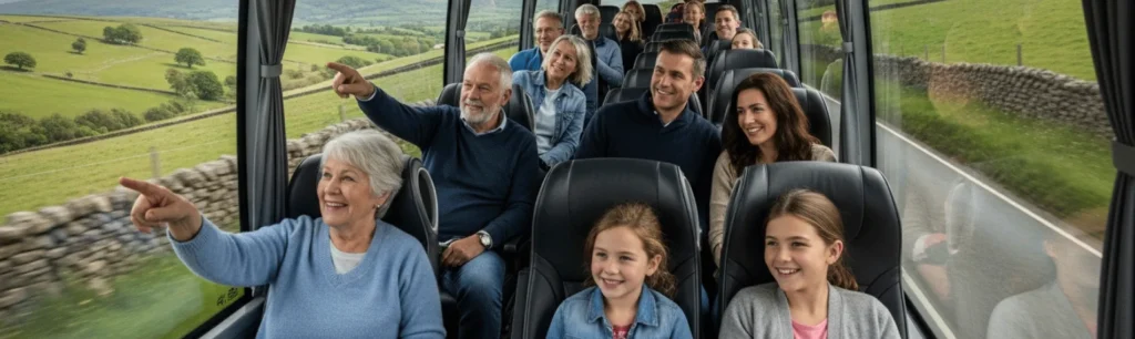 Family holiday group enjoying comfortable coach travel in the UK