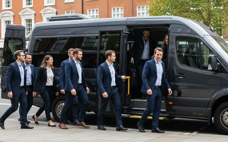 Corporate team boarding a modern minibus hire vehicle in London