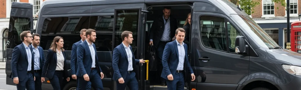 Corporate team boarding a modern minibus hire vehicle in London